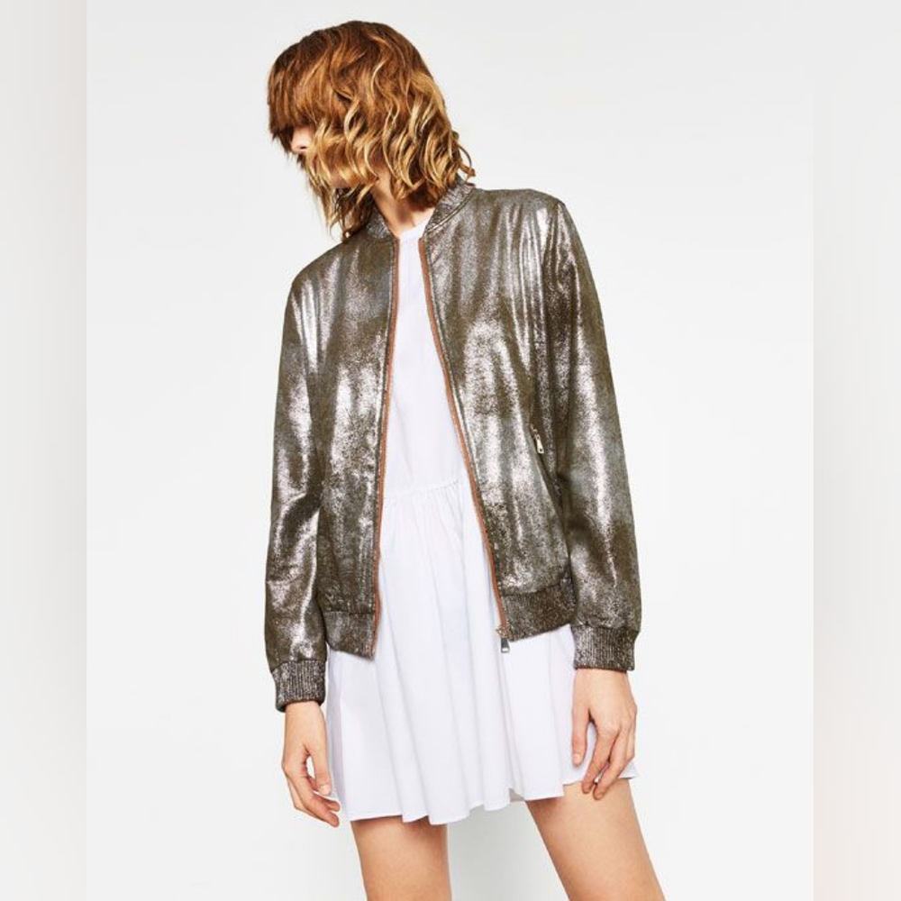 Zara Metallic Suede Bomber Jacket